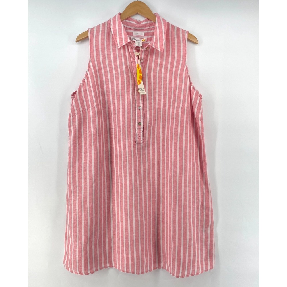 100% Linen Sleeveless Dress Women 1X Pink White Stripe Beach Preppy Coastal NEW